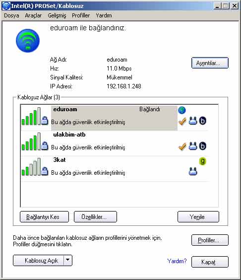 Intel Proset Kablosuz Ayarları